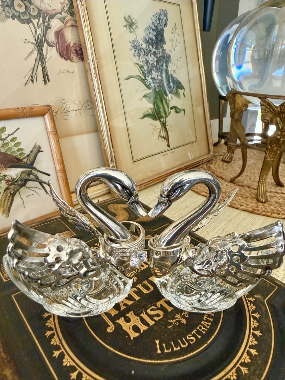 Vintage Wedding Swan Silver and Crystal Salt Cellars - Italy